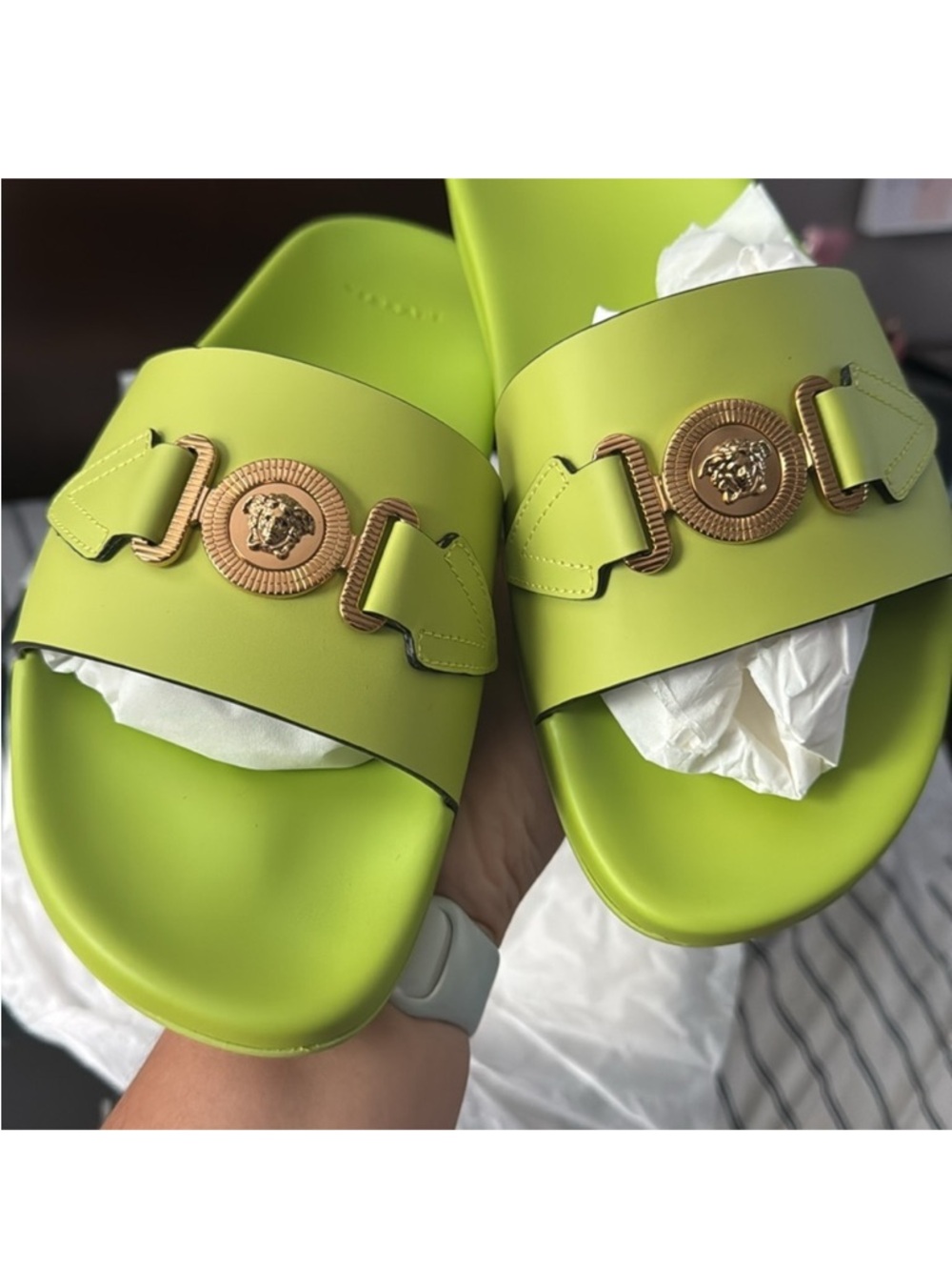 Versace Neon Lime Slide Sandals with Gold Medusa Accents